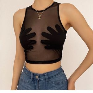Black mesh hand crop top